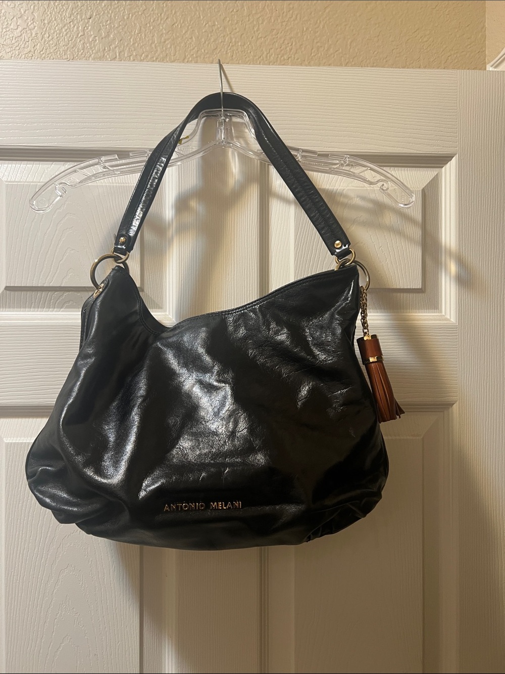 Antonio Melani Black Leather Hobo Bag Slouchy Shoulder Purse Tassel Gold Accent